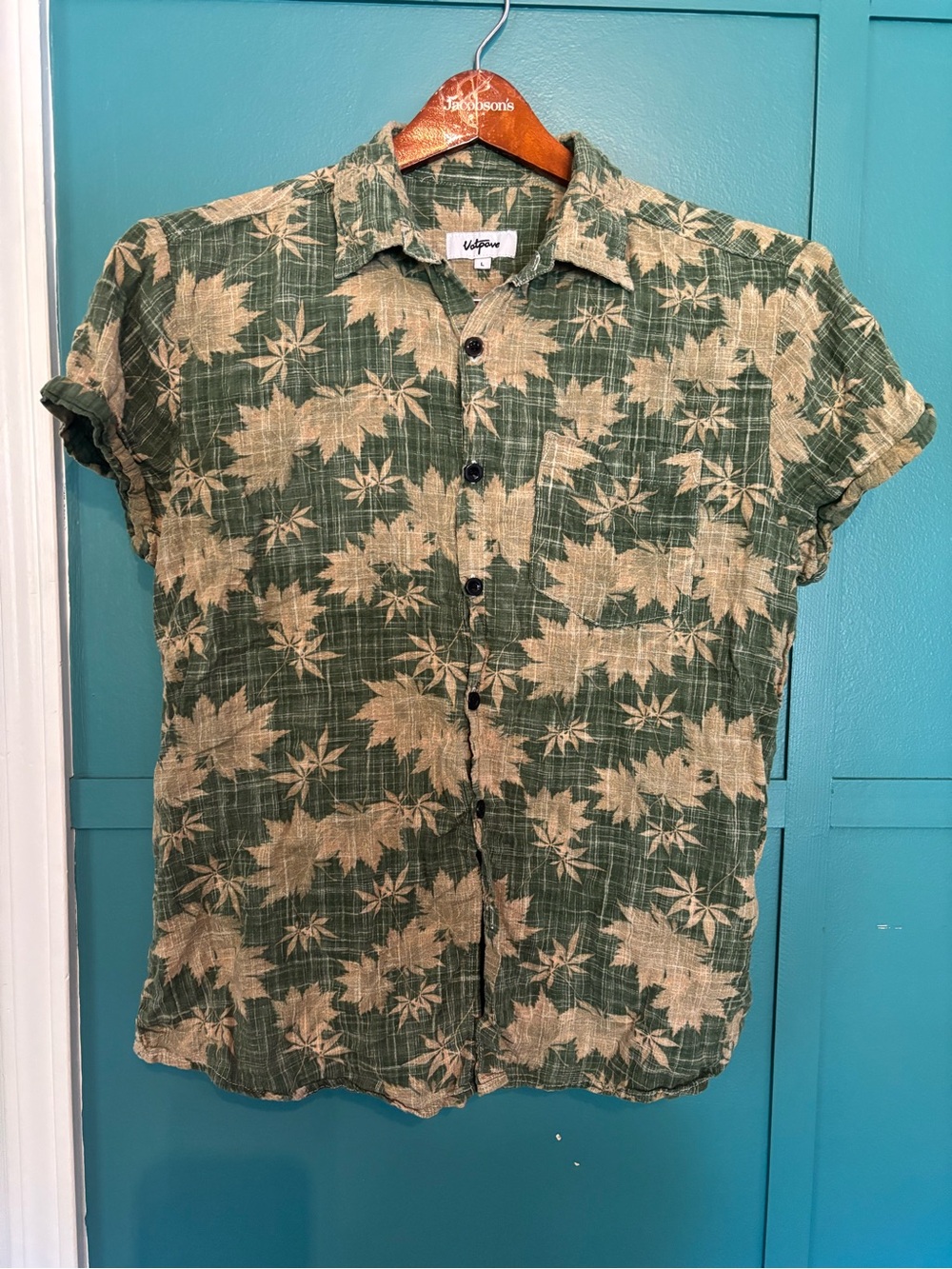 Vatpave Green Maple Leaf-Print Short-Sleeve Men’s Shirt Size Large